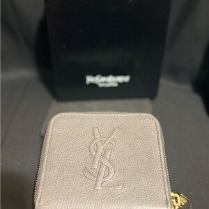 Yves Saint Laurent Charcoal Leather Wallet with Gold Zipper